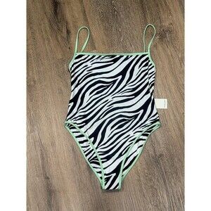 bond-eye Zebra Print One Piece Swimsuit - Black and White with Green Trim